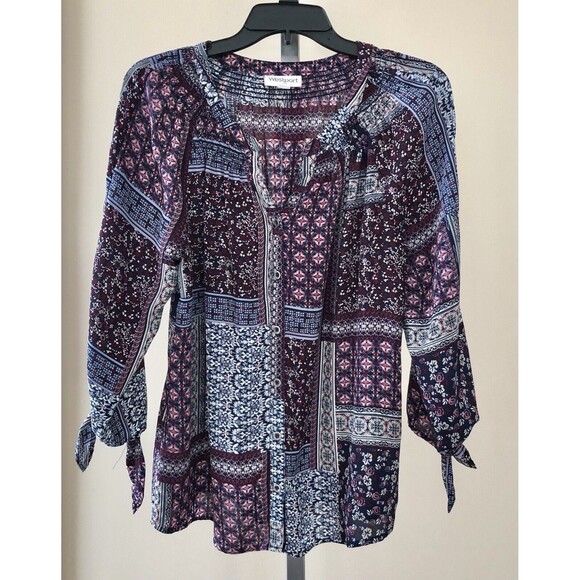 Westport Women Button-Down Shirt Medium Boho Patchwork shirt 3/4 Tie Sleeves - Picture 2 of 9